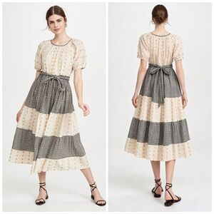 Ace & Jig Noah Dress Fitzroy M NWT Gingham Tiered Midi Cream Floral Embroidered